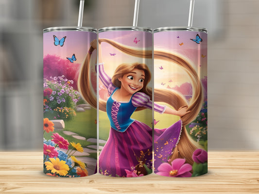 Rapunzel with long blonde hair in a garden with butterflies.