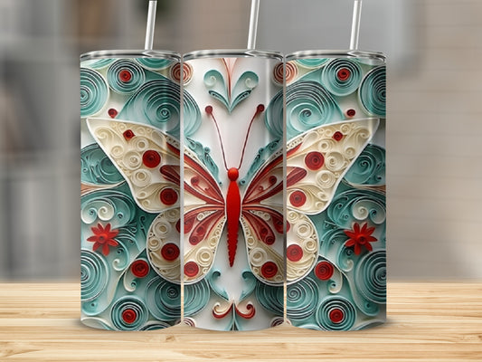 Three tumblers decorated with a red and white quilled butterfly and red flowers.