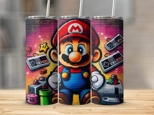 Retro Game Controller and Mario Artwork Tumbler Cup