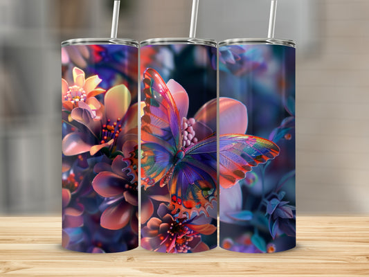 Three tumblers with colorful butterfly and floral designs.