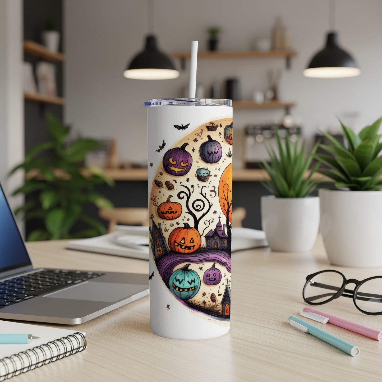 Tumbler with a Halloween-themed design featuring pumpkins, bats, and haunted houses.