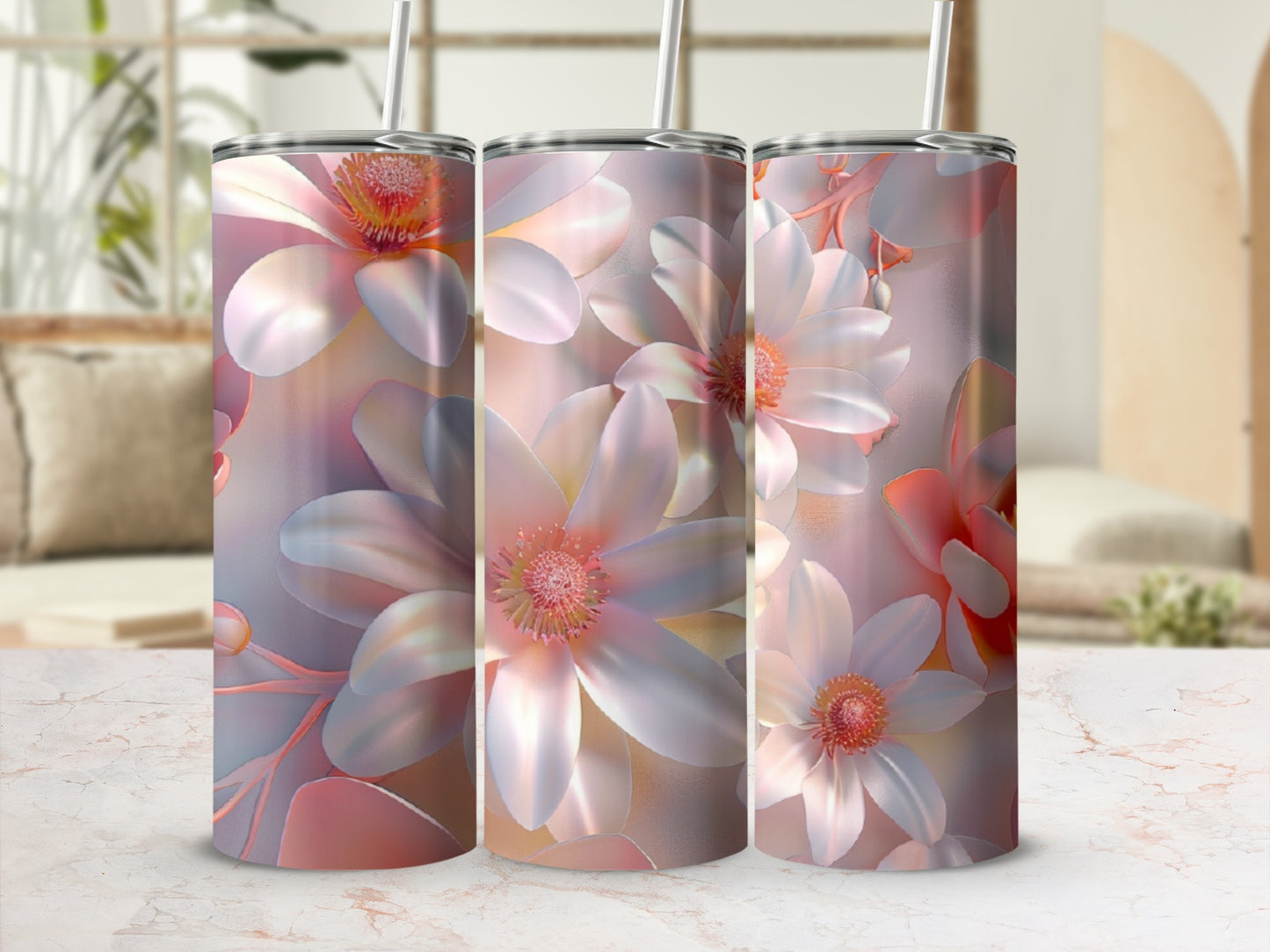 Three tumblers with a floral design in shades of pink and white.
