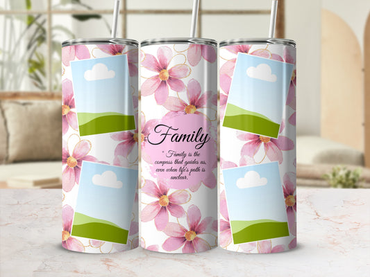 Floral tumbler with photos and text "Family is the compass that guides us".