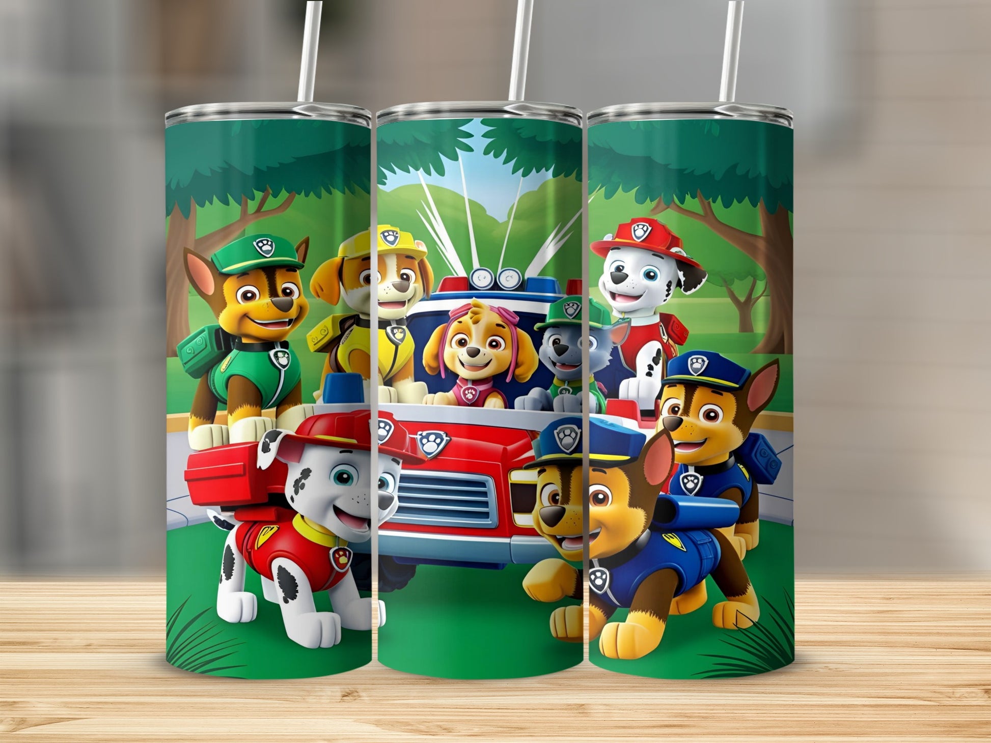 Paw Patrol characters in a red vehicle with trees and grass background.