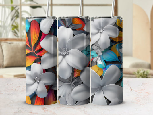 Three tumblers with white floral and colorful leaf designs.