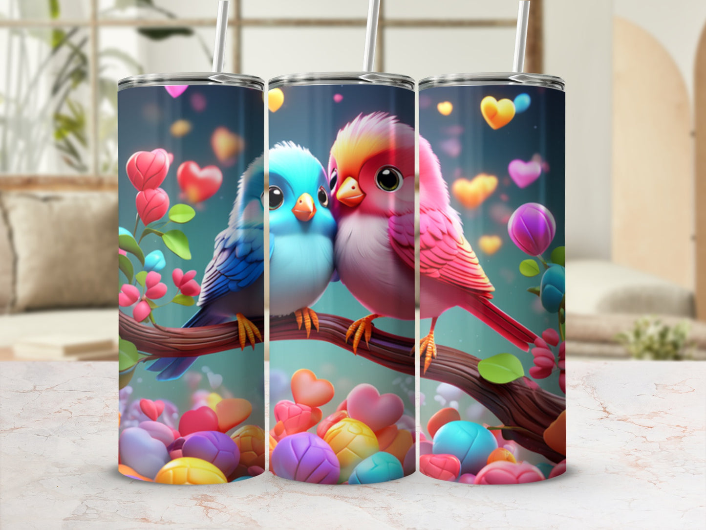 Two cartoon birds, one blue and one pink, perched on a branch with hearts.
