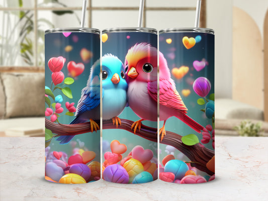 Two cartoon birds, one blue and one pink, perched on a branch with hearts.