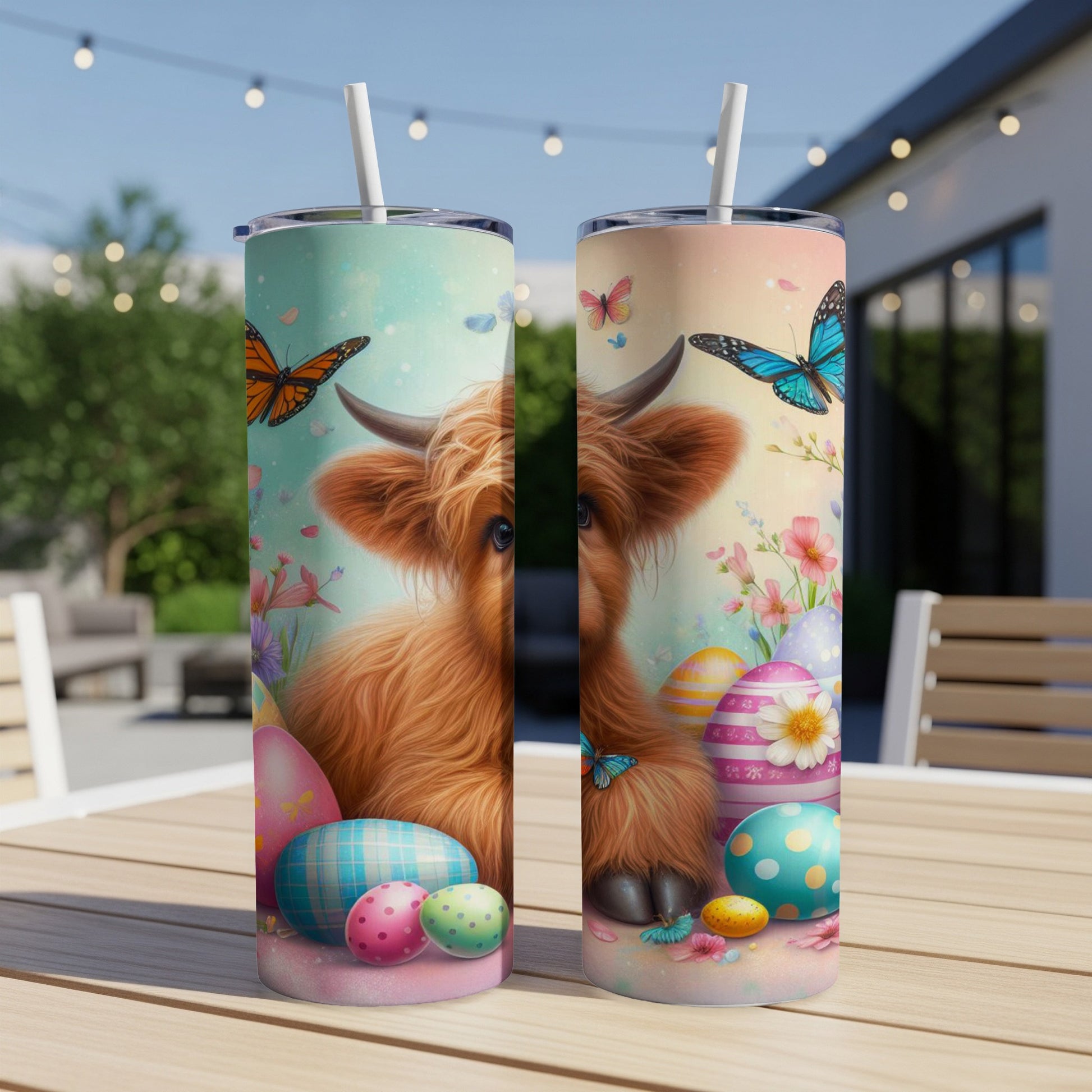 Fluffy Highland cow with Easter eggs and butterflies on a patterned tumbler.
