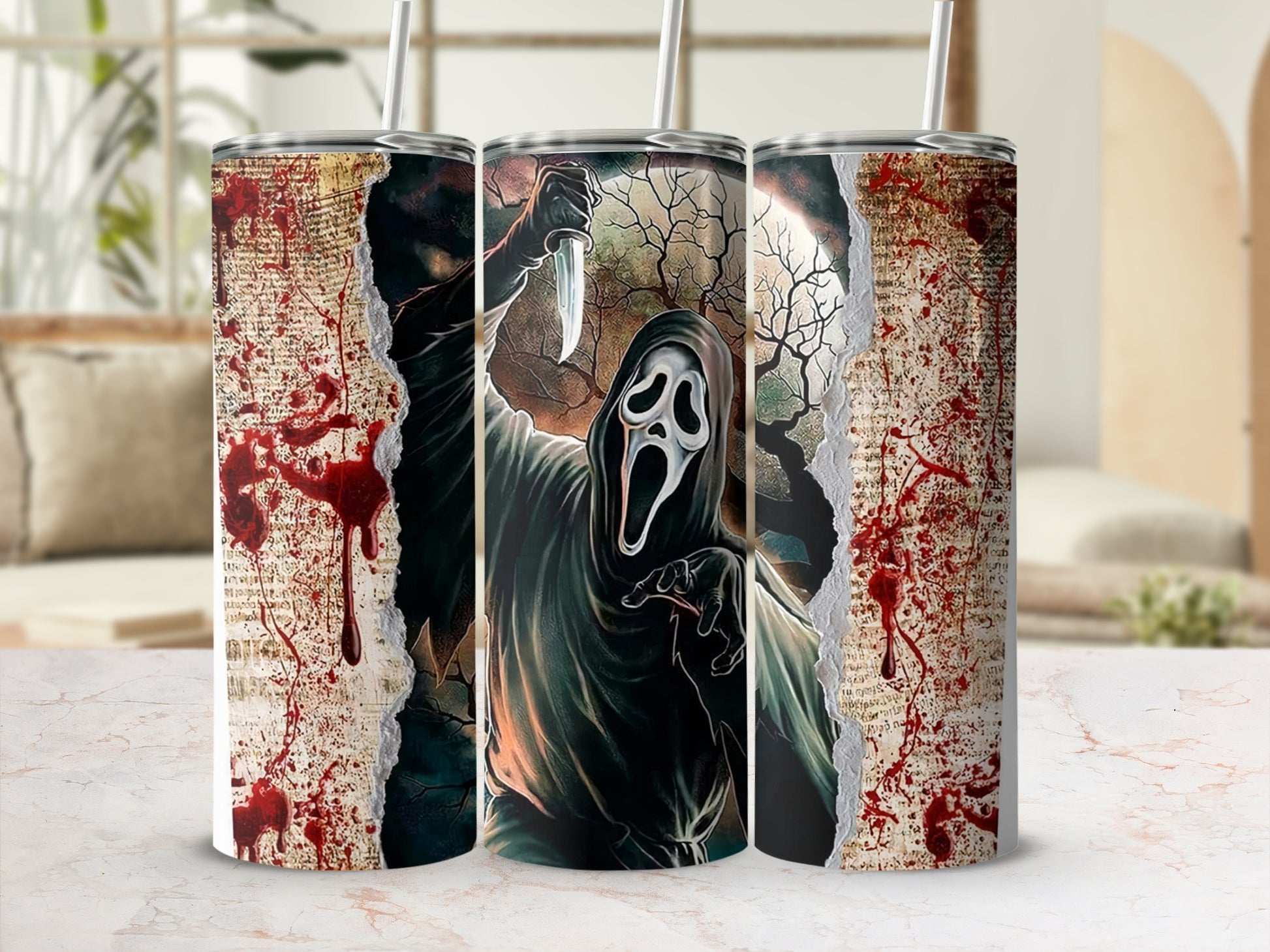 Ghostface mask character with knife on ripped grunge background tumbler.