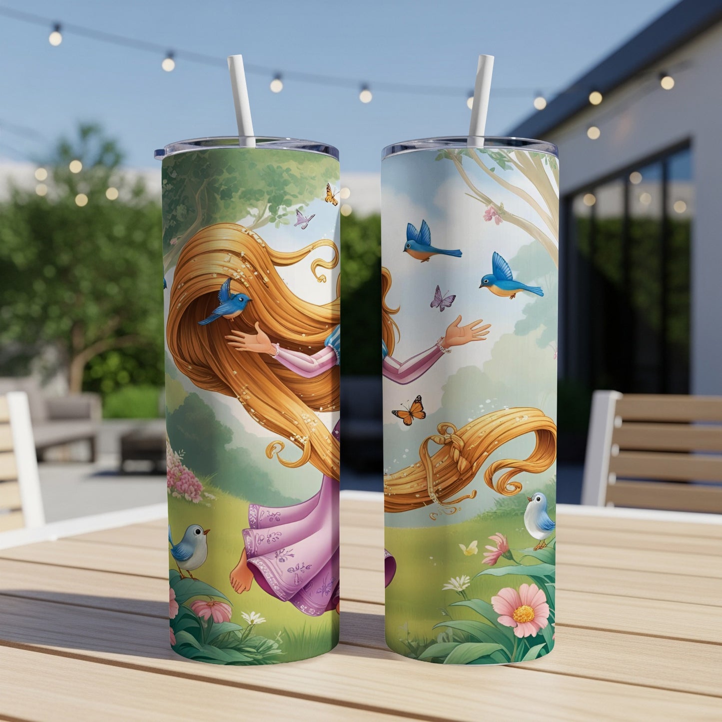 Rapunzel with long blonde hair and birds in a floral meadow on a tumbler.