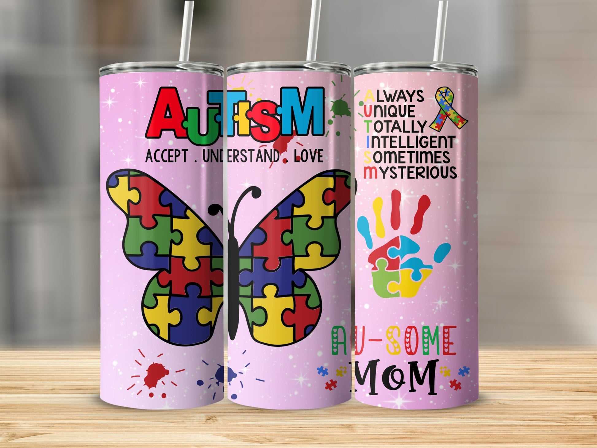Autism Awareness Tumblers Colorful Puzzle Design