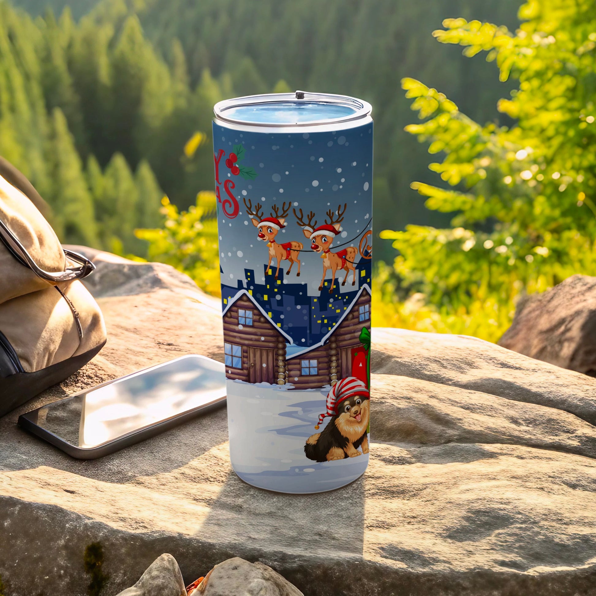 Festive Reindeer and Dog Holiday Scene Tumbler