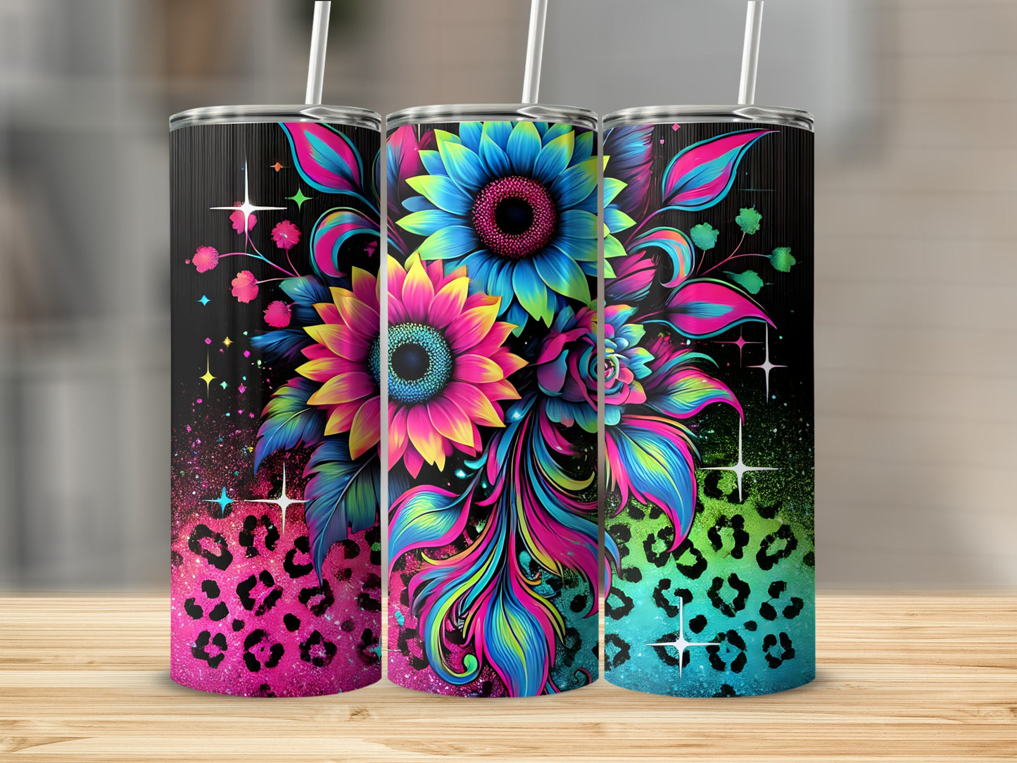 Colorful Floral Design Tumblers with Leopard Print