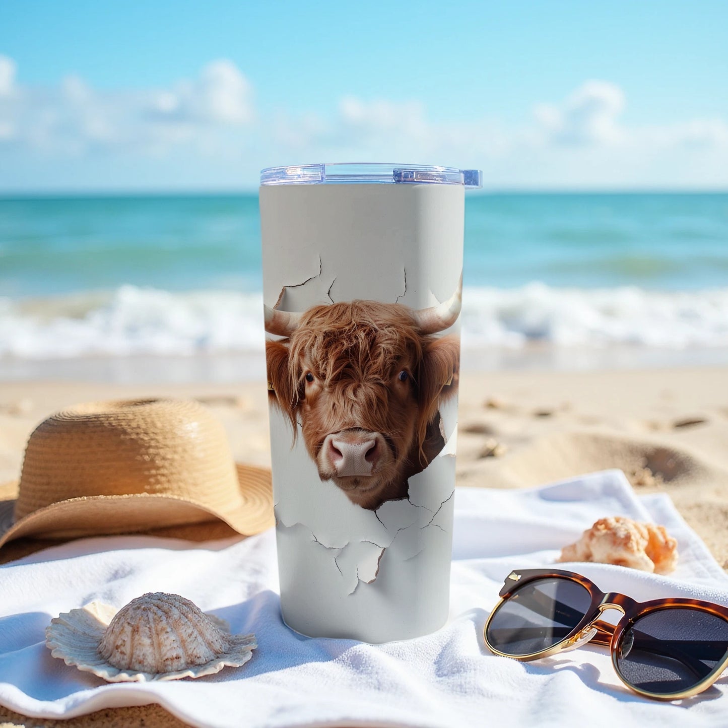 Highland Cow Peeking Tumbler Beach Ocean Scene product type