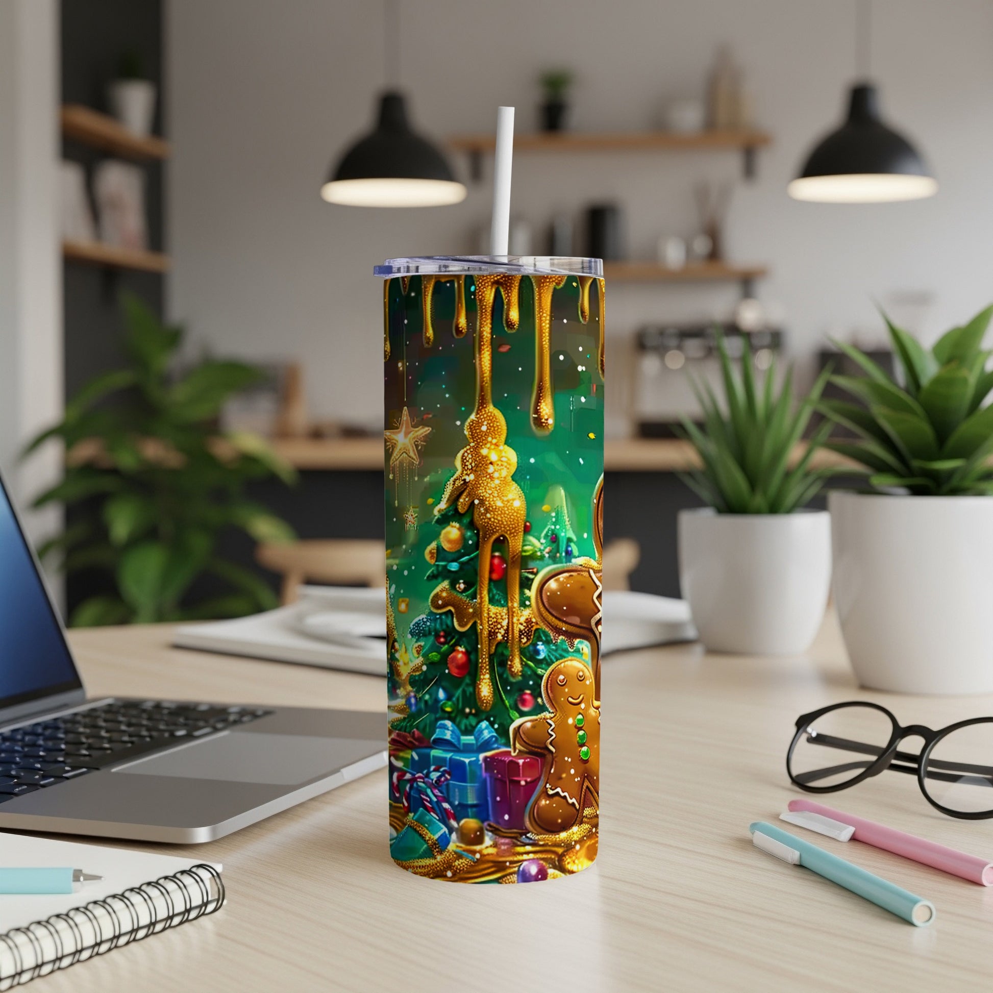 Christmas tumbler with gingerbread man, ornaments, and dripping gold glaze.