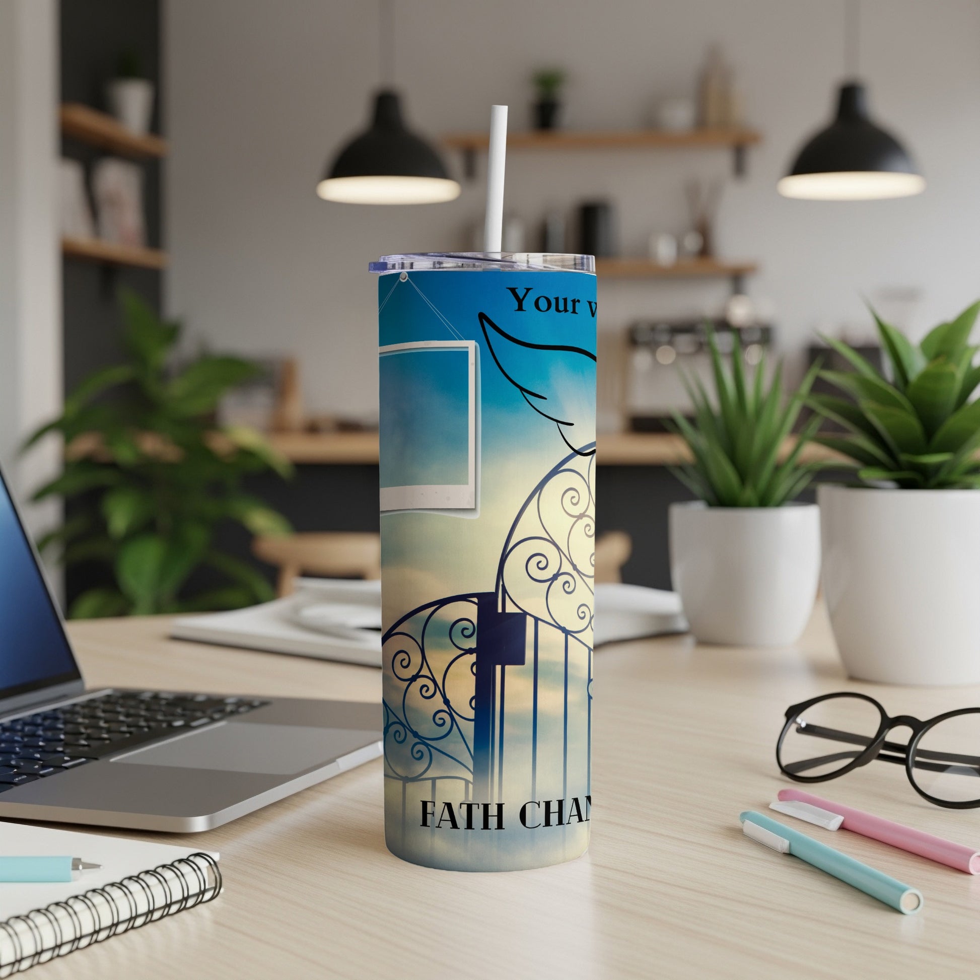 Tumbler with wings, gate, photo frame, and text "FATH CHAN"