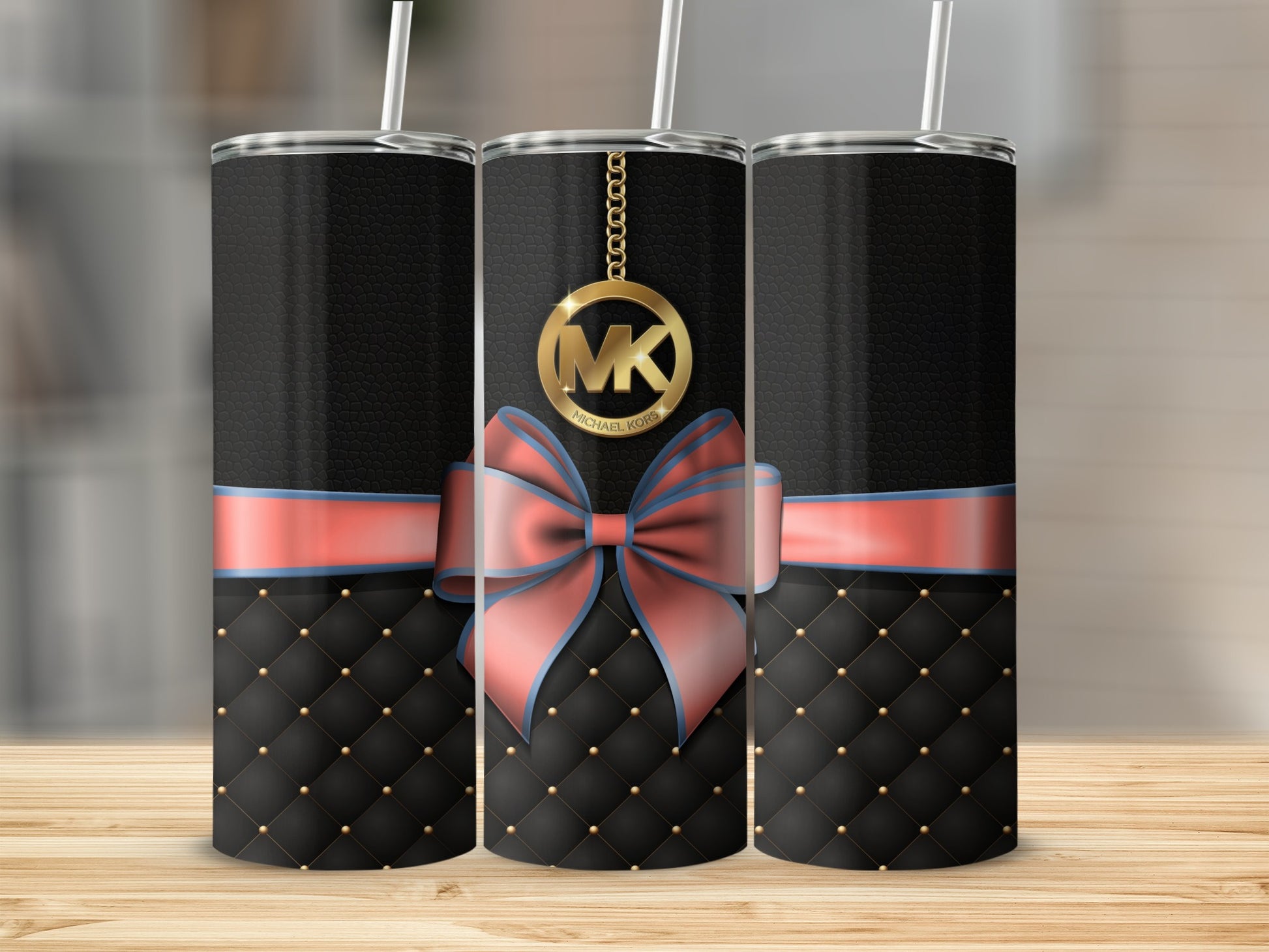 Elegant Black Quilted Tumbler with Red Bow Design