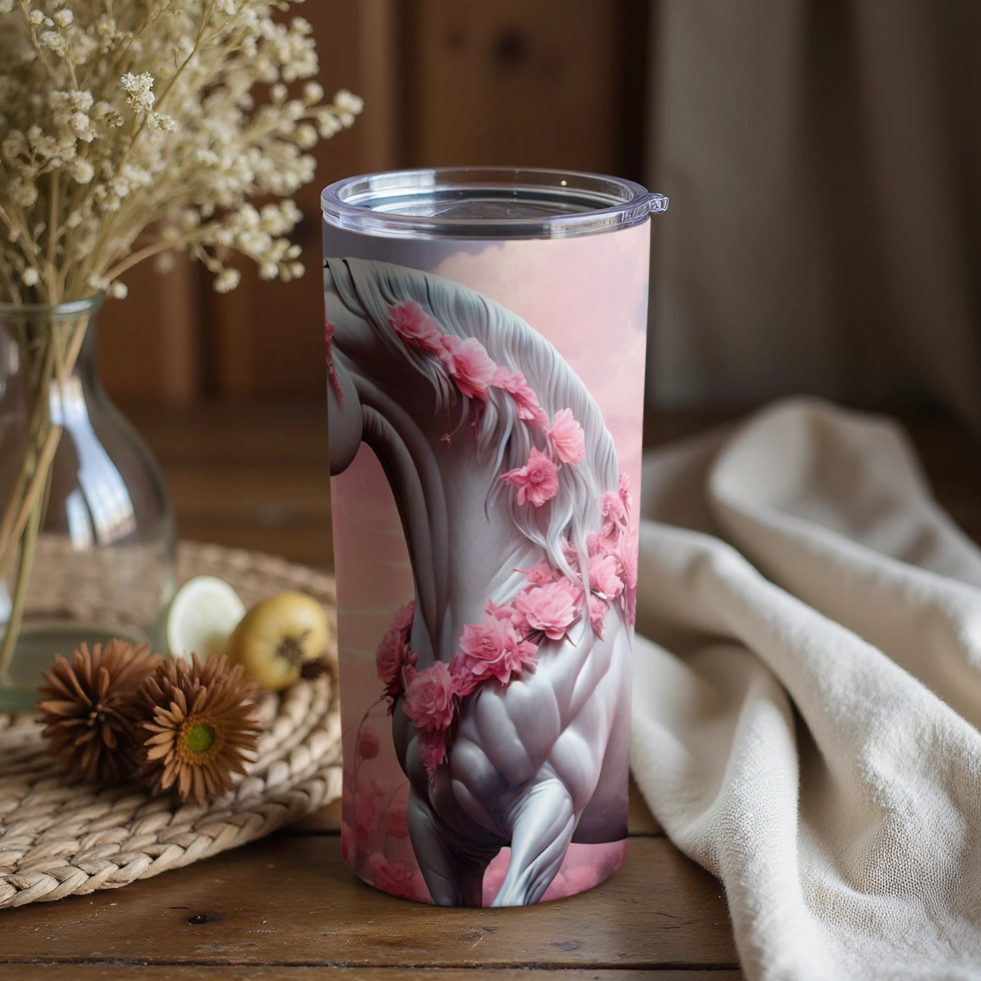 Elegant Pink Floral Horse Design Custom Tumbler