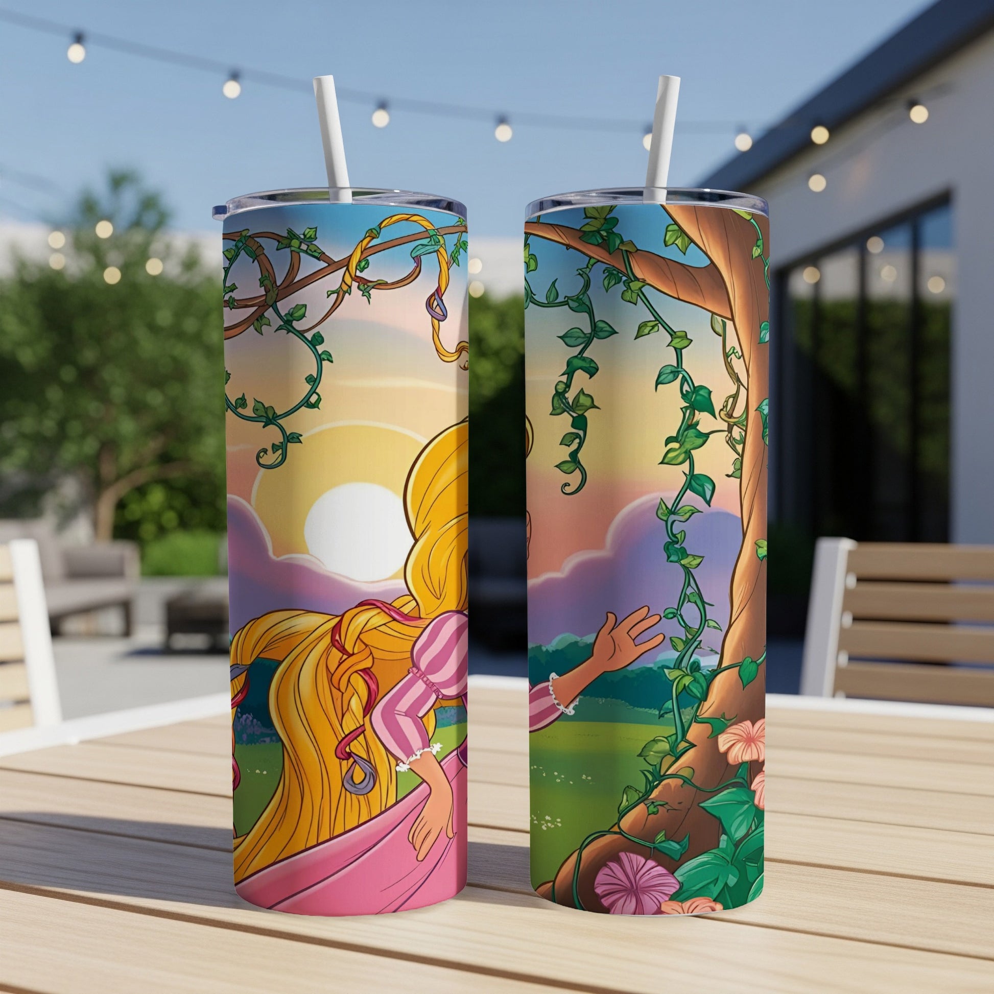 Rapunzel from Tangled with long blonde hair on a tumbler.