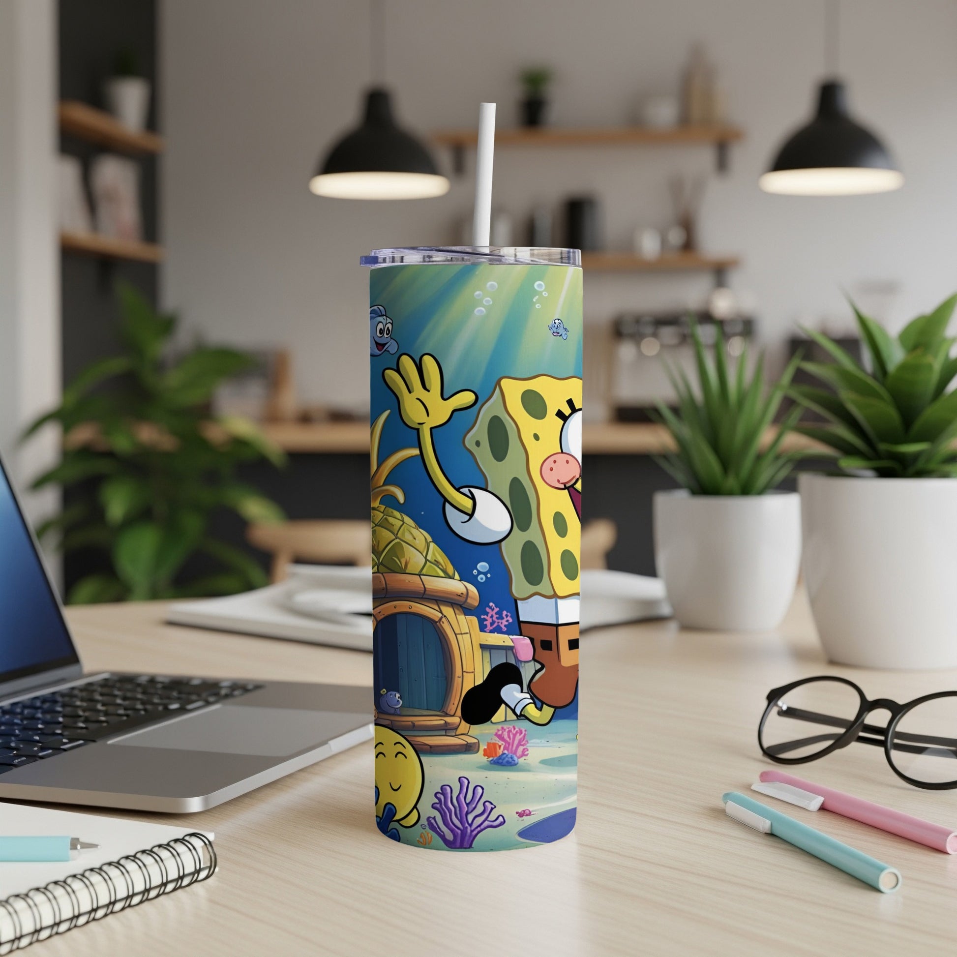 SpongeBob SquarePants character with Jellyfish Fields in the background on a tumbler.