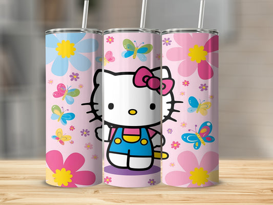 Hello Kitty on a pink background with butterflies and flowers.