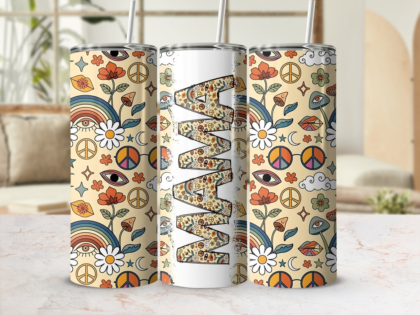 Colorful Mama Design Tumbler with Peace and Nature Icons