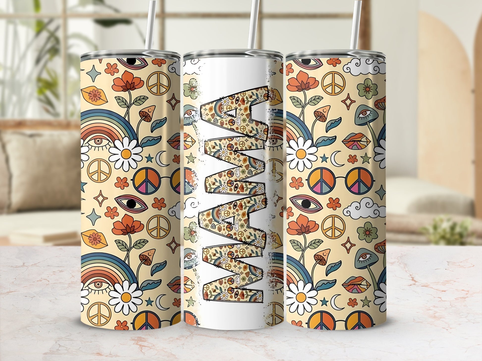Colorful Mama Design Tumbler with Peace and Nature Icons