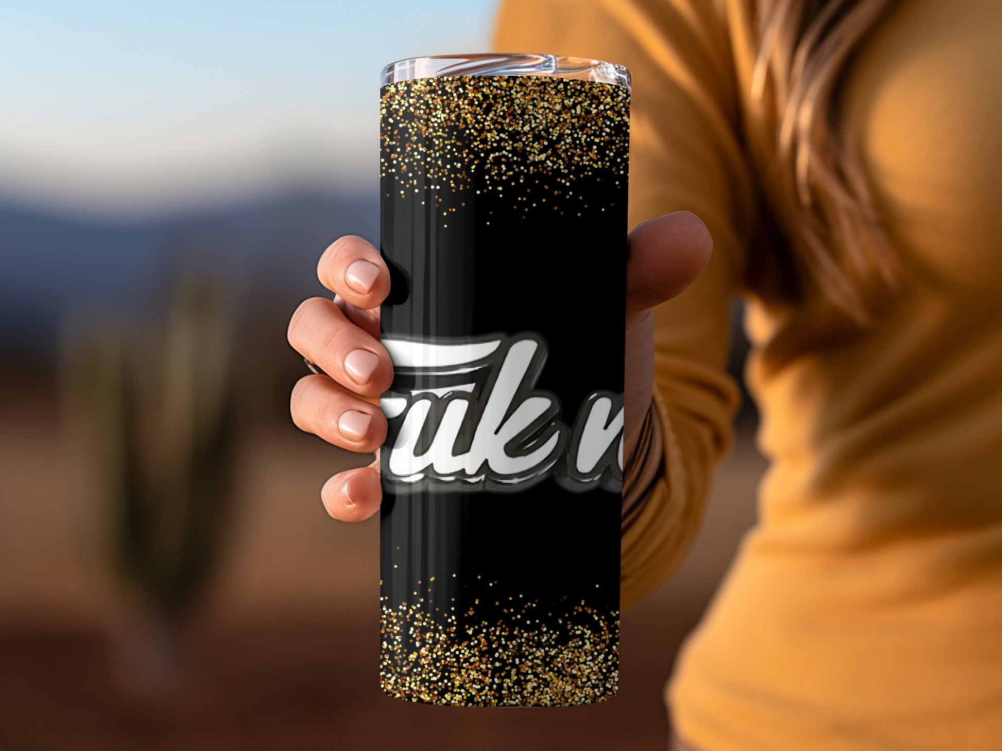 Stylish Black Tumbler with Gold Glitter Accent
