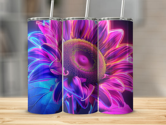 Three illuminated sunflowers with neon pink and blue glow on tumblers.