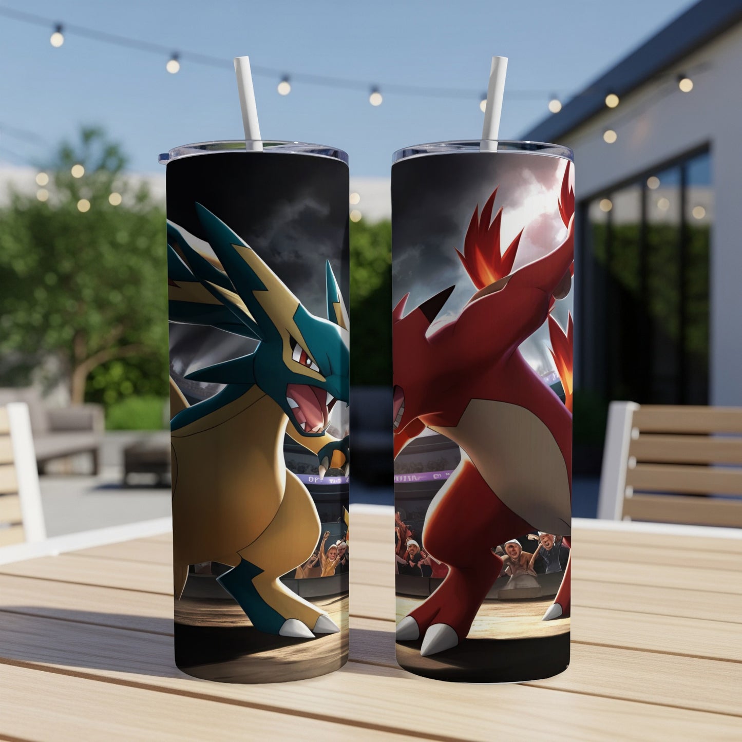 Two Pokémon, Luxray and Blaziken, in a battle stance on a stadium floor.