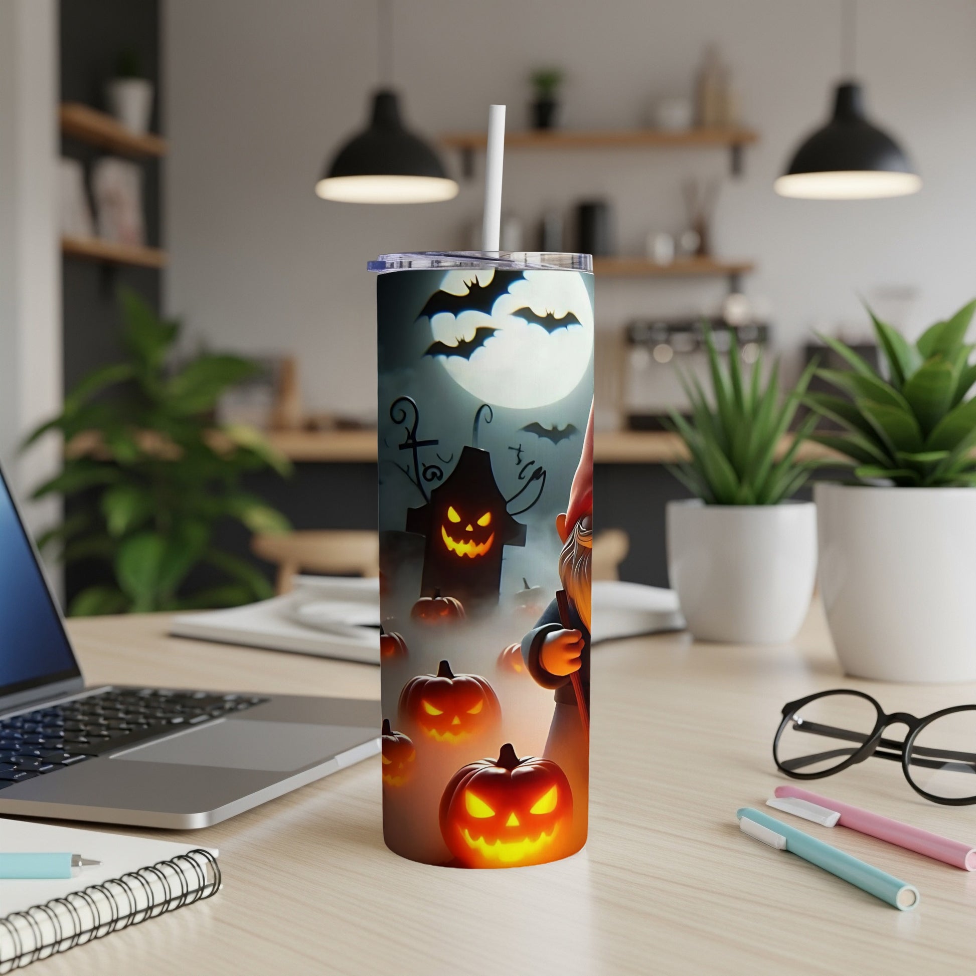 Halloween tumbler with jack-o'-lanterns, bats, and a gnome design.