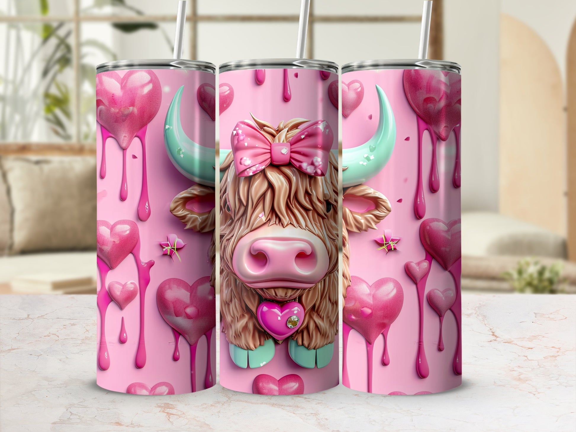 Pink tumbler with a cute Highland cow wearing a bow, surrounded by hearts.