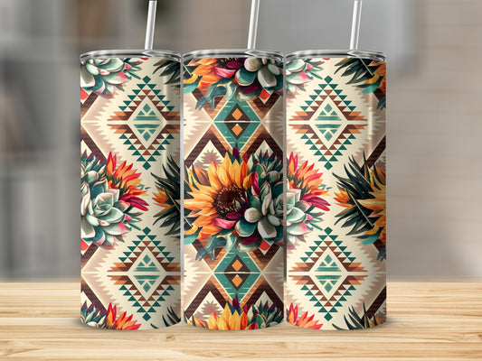 Three patterned tumblers with sunflowers and succulents on a wooden surface.