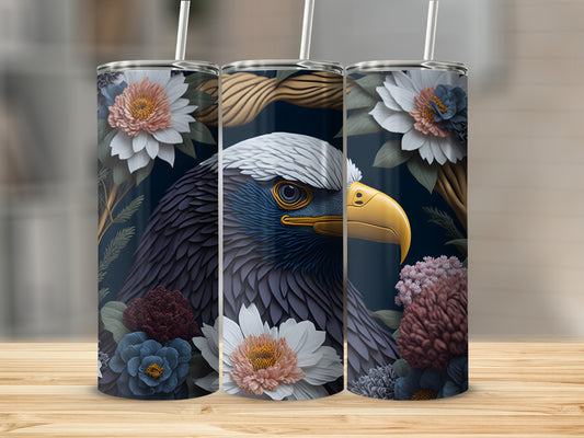 Eagle and floral design on three travel tumblers.