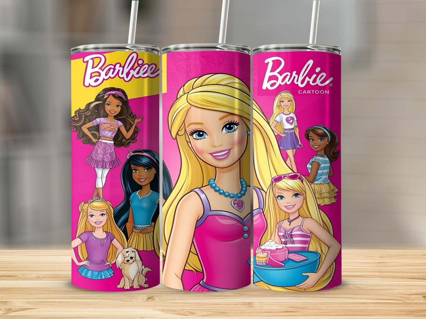 Barbie cartoon characters in pink outfits, some holding accessories.