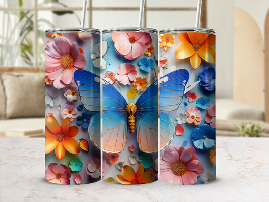 Three tumblers with floral and butterfly designs, set against a blurred background.