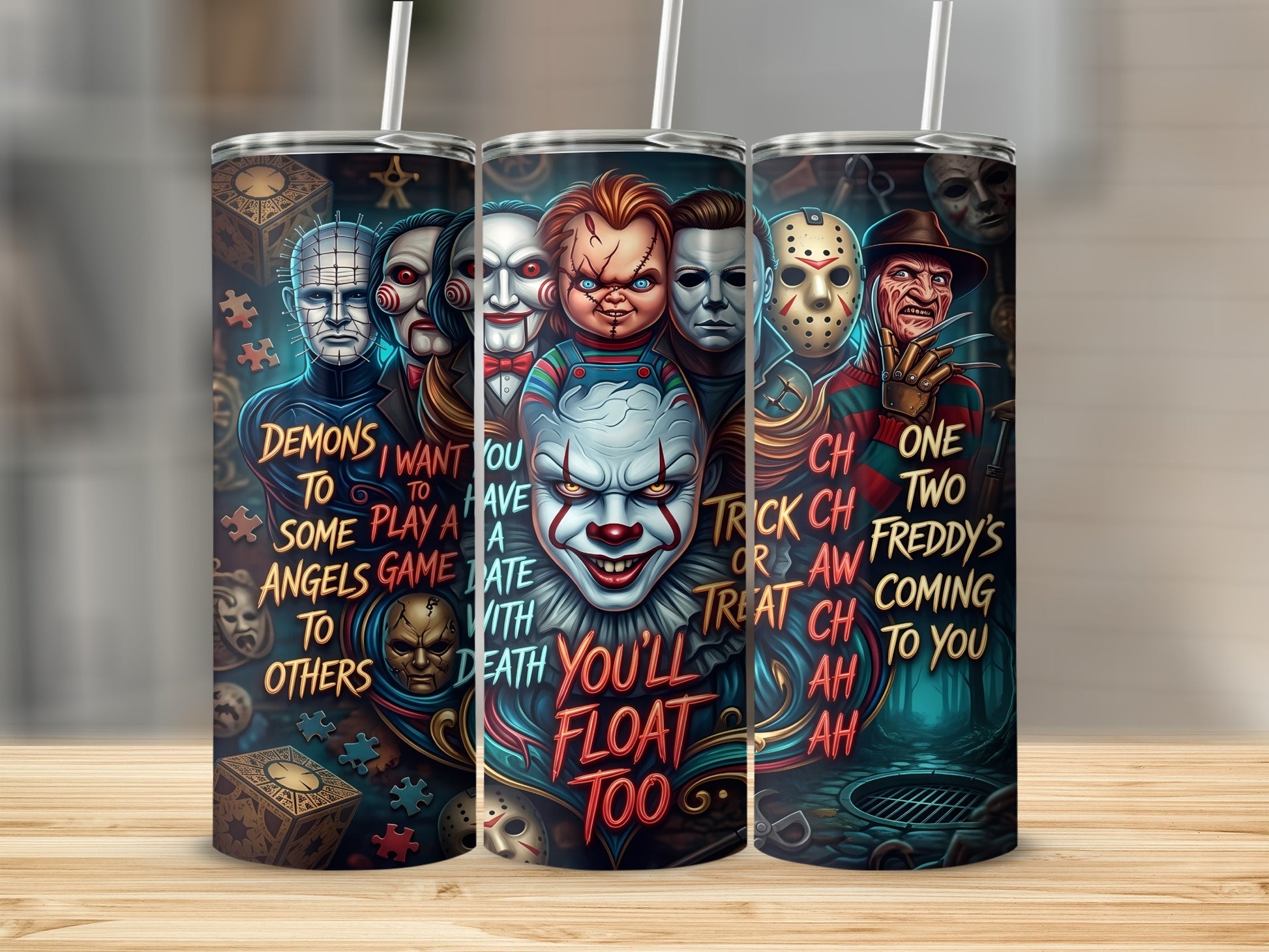 Horror villains Pinhead, Jigsaw, Chucky, Pennywise, Michael Myers, and Freddy Krueger on tumblers.
