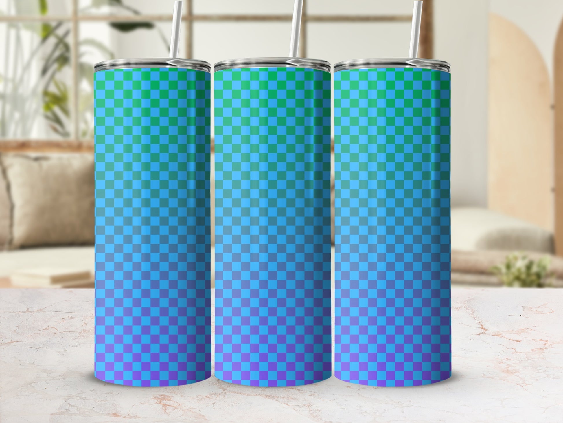 Three tumblers with a blue and green checkered gradient design.