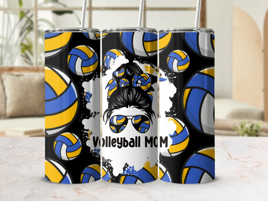 Volleyball Mom tumbler with blue, yellow, and white volleyball design.