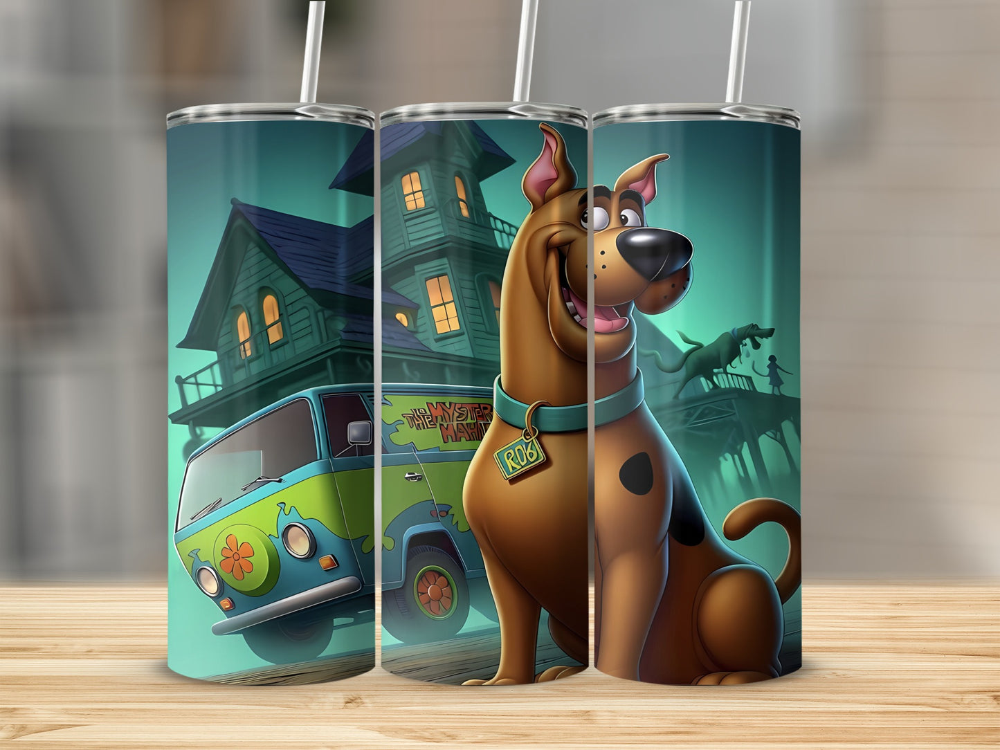 Scooby-Doo and the Mystery Machine with a haunted house background.