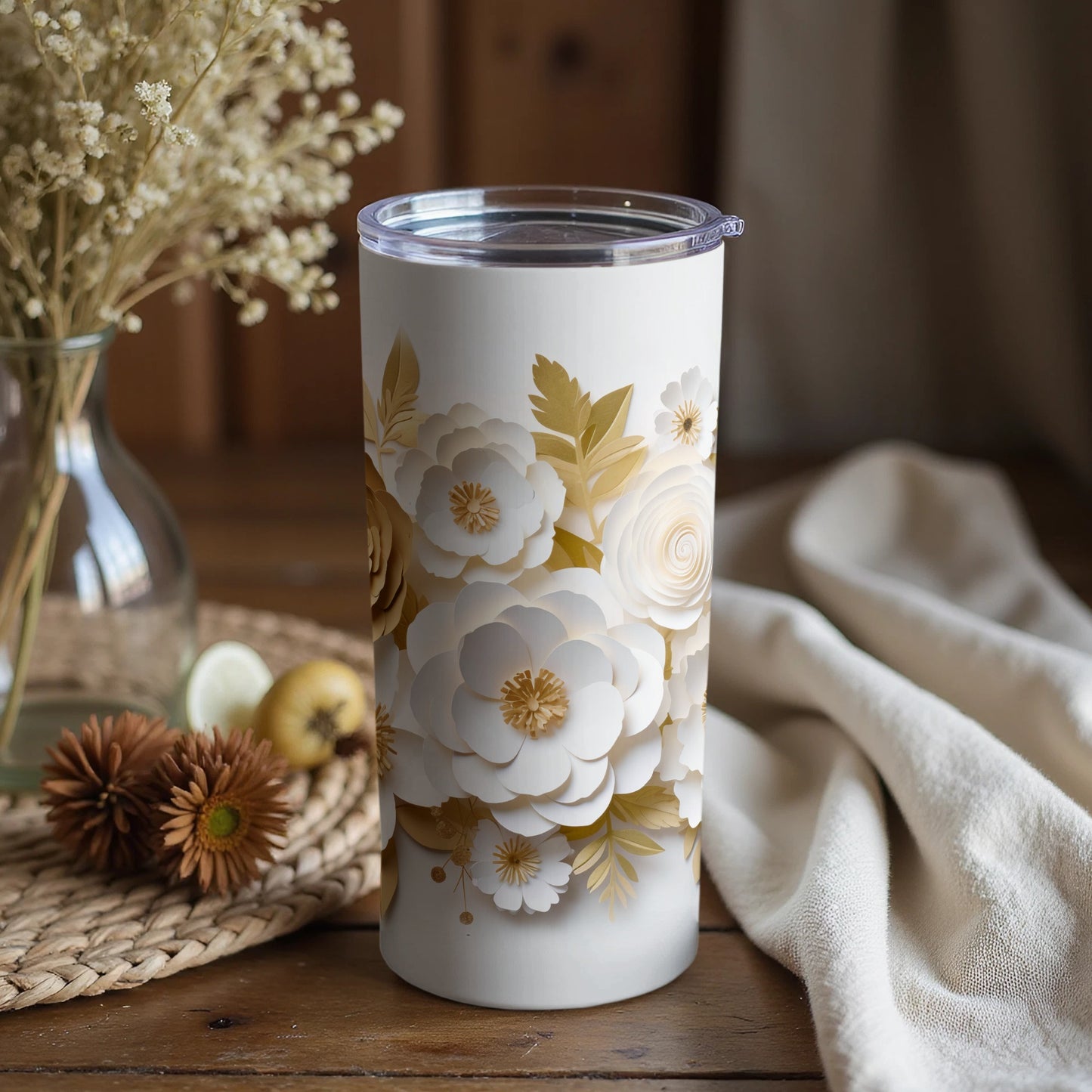 Elegant White and Gold Floral Design Tumbler Cup