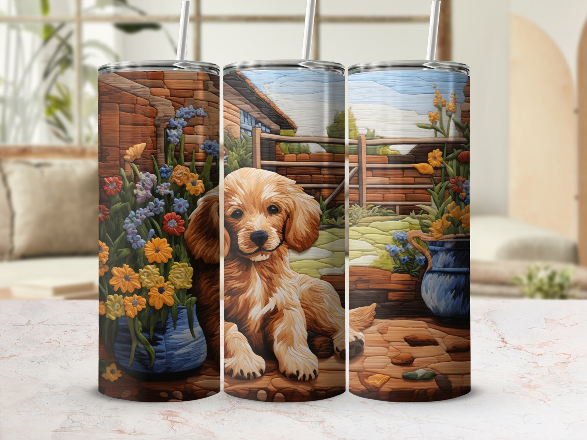 Golden retriever puppy sitting amongst flowers and fence in a scenic backyard.