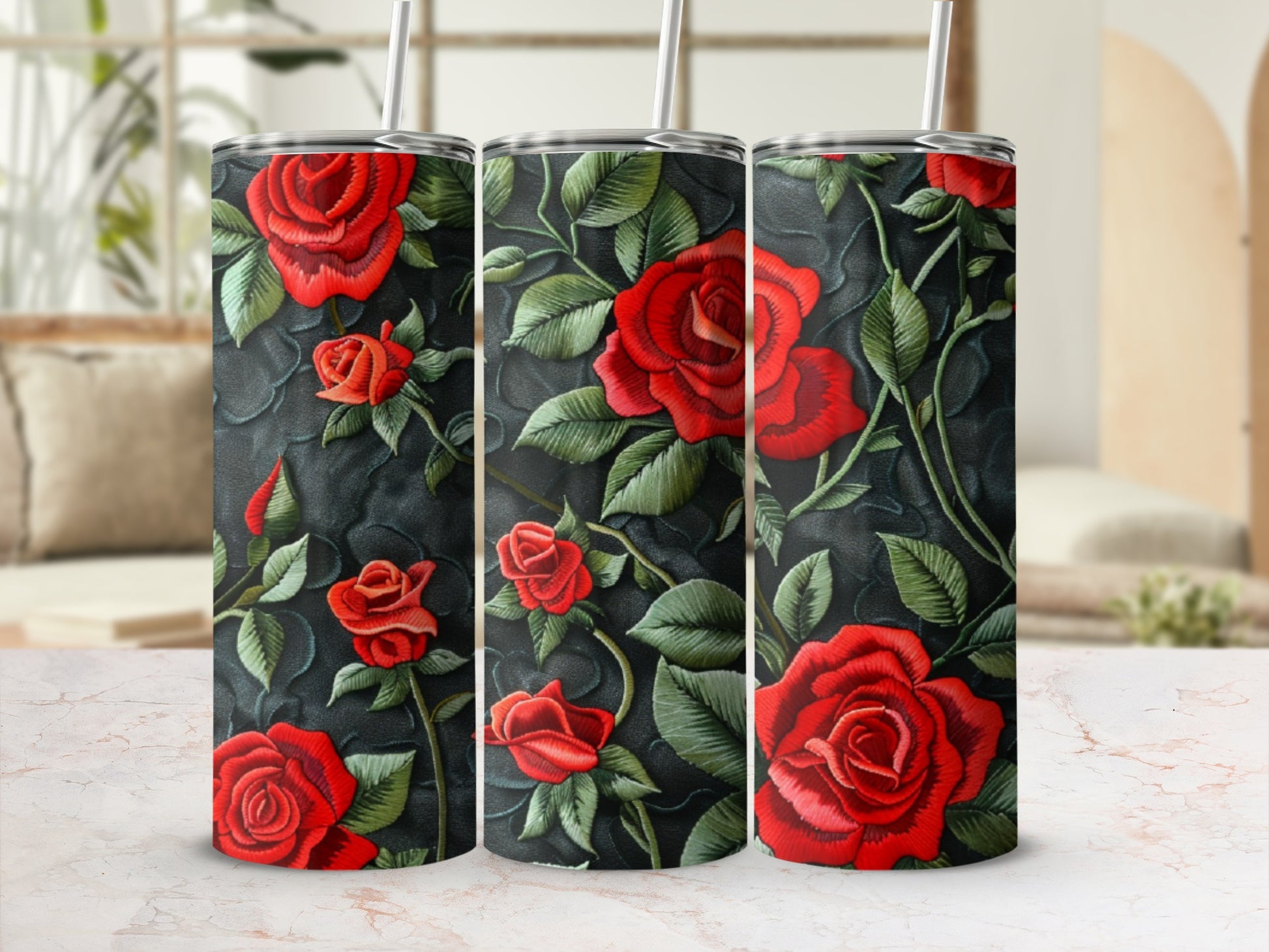 Three tumblers with a red rose and green leaf embossed design.