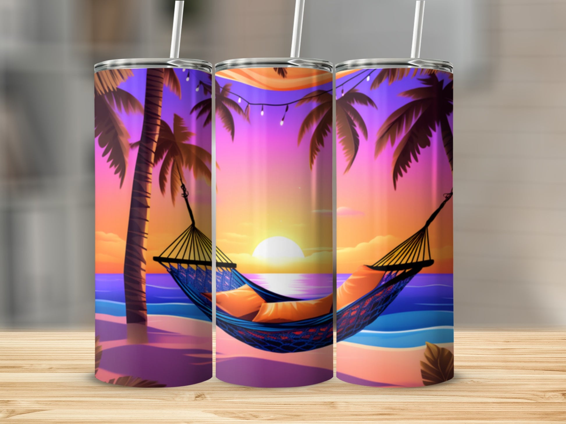 Hammock with pillows on a beach at sunset with palm trees.