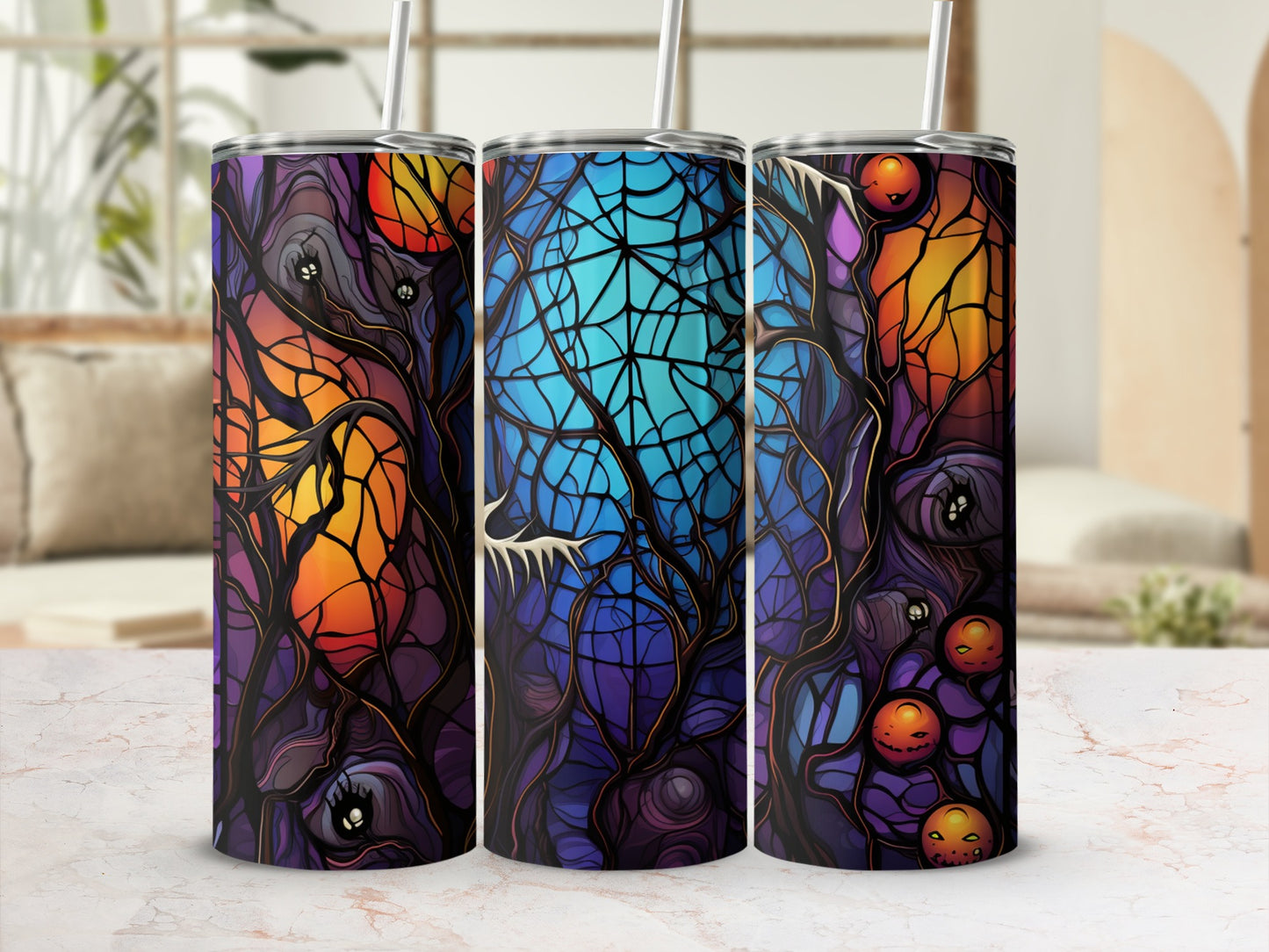 Three tumblers with a dark, eerie tree and moon design.