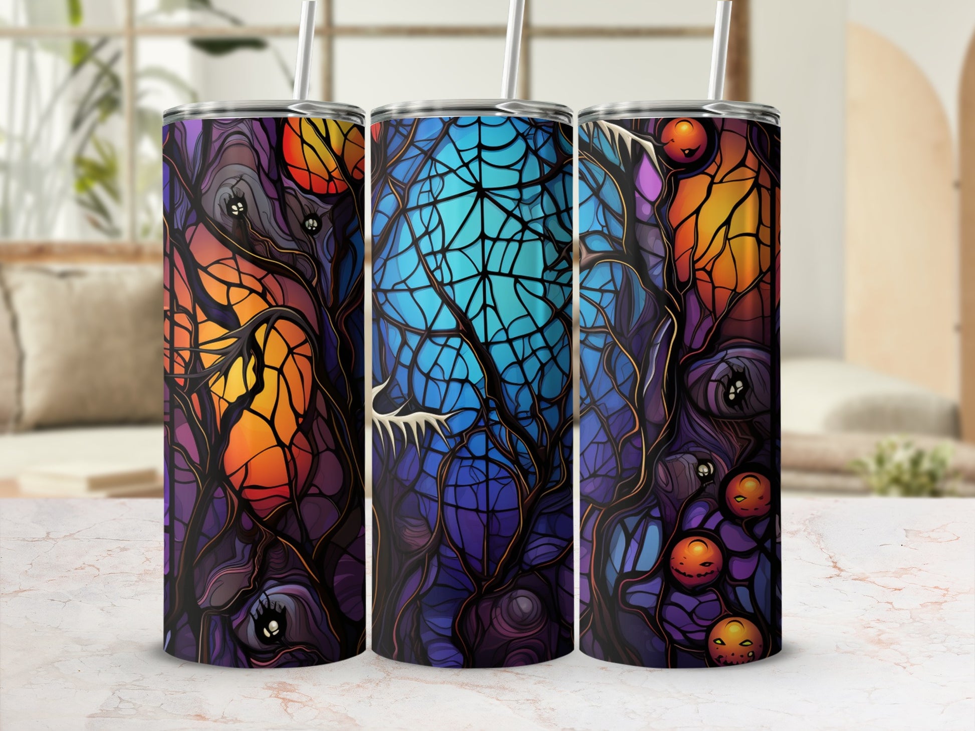 Three tumblers with a dark, eerie tree and moon design.