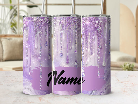 Three tumblers with purple glitter and pearl drips, a lavender band with the word "Name".