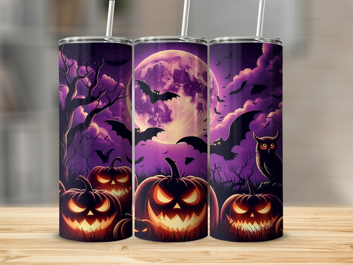 Three Halloween tumblers with spooky pumpkins, bats, an owl, and a full moon.