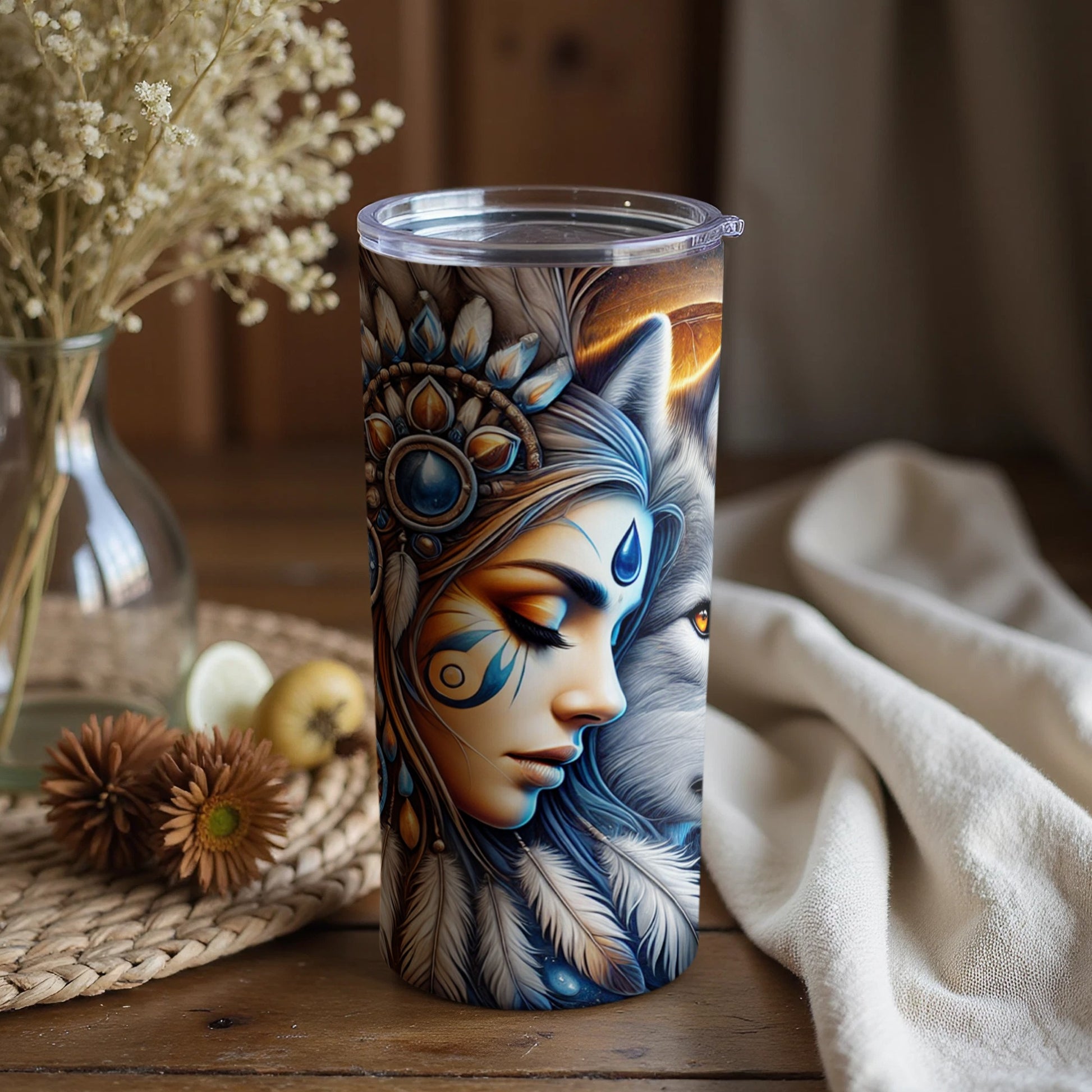 Elegant Woman with Feather Crown Art Tumbler
