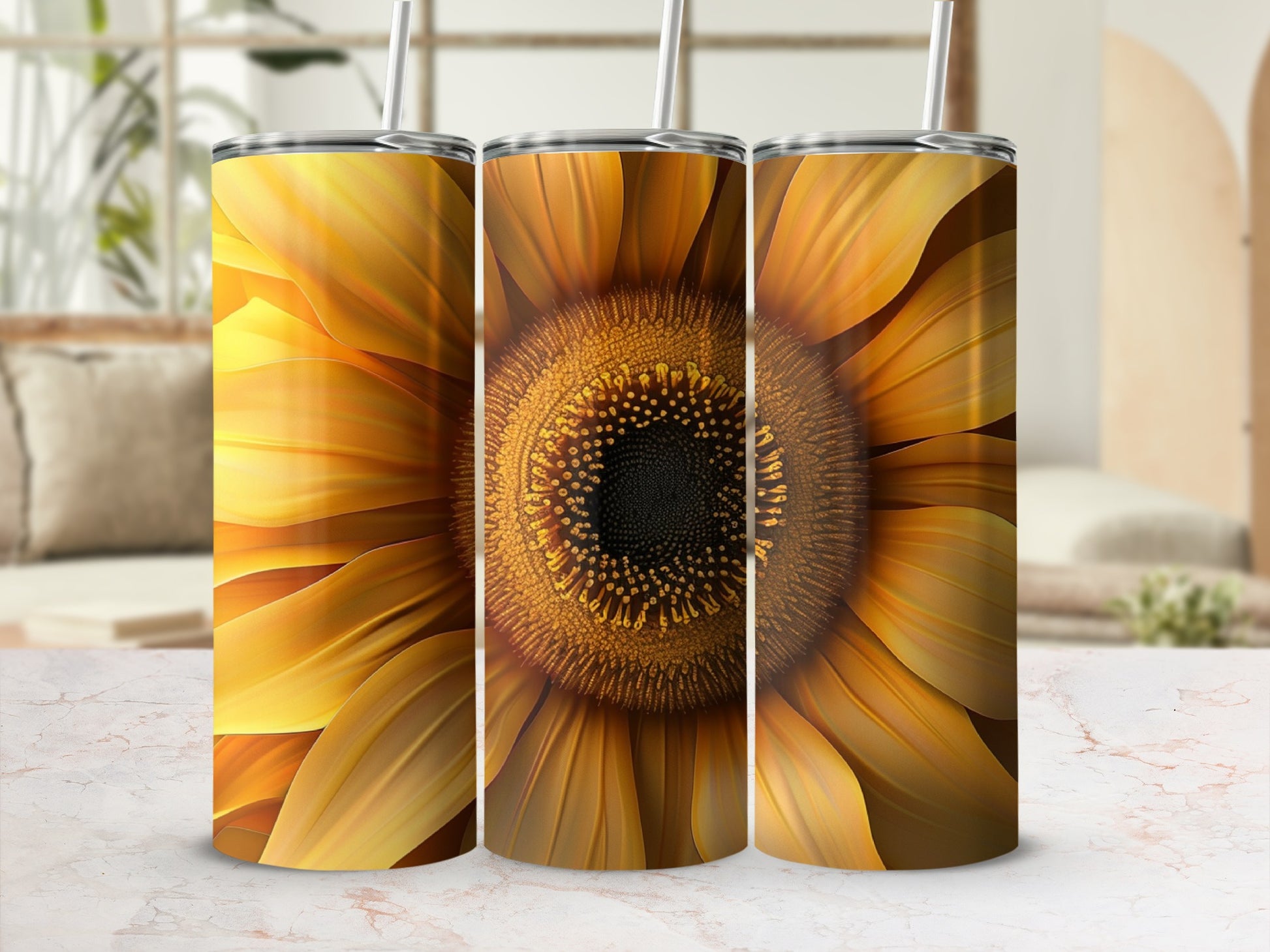 Three tumblers featuring a close-up, detailed sunflower design.